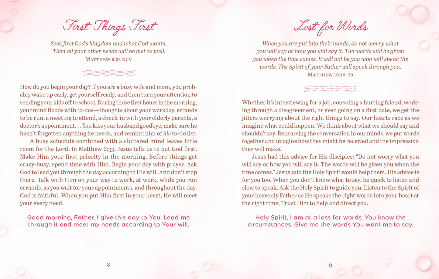 Book interior with prayer and reflection text on a pink background