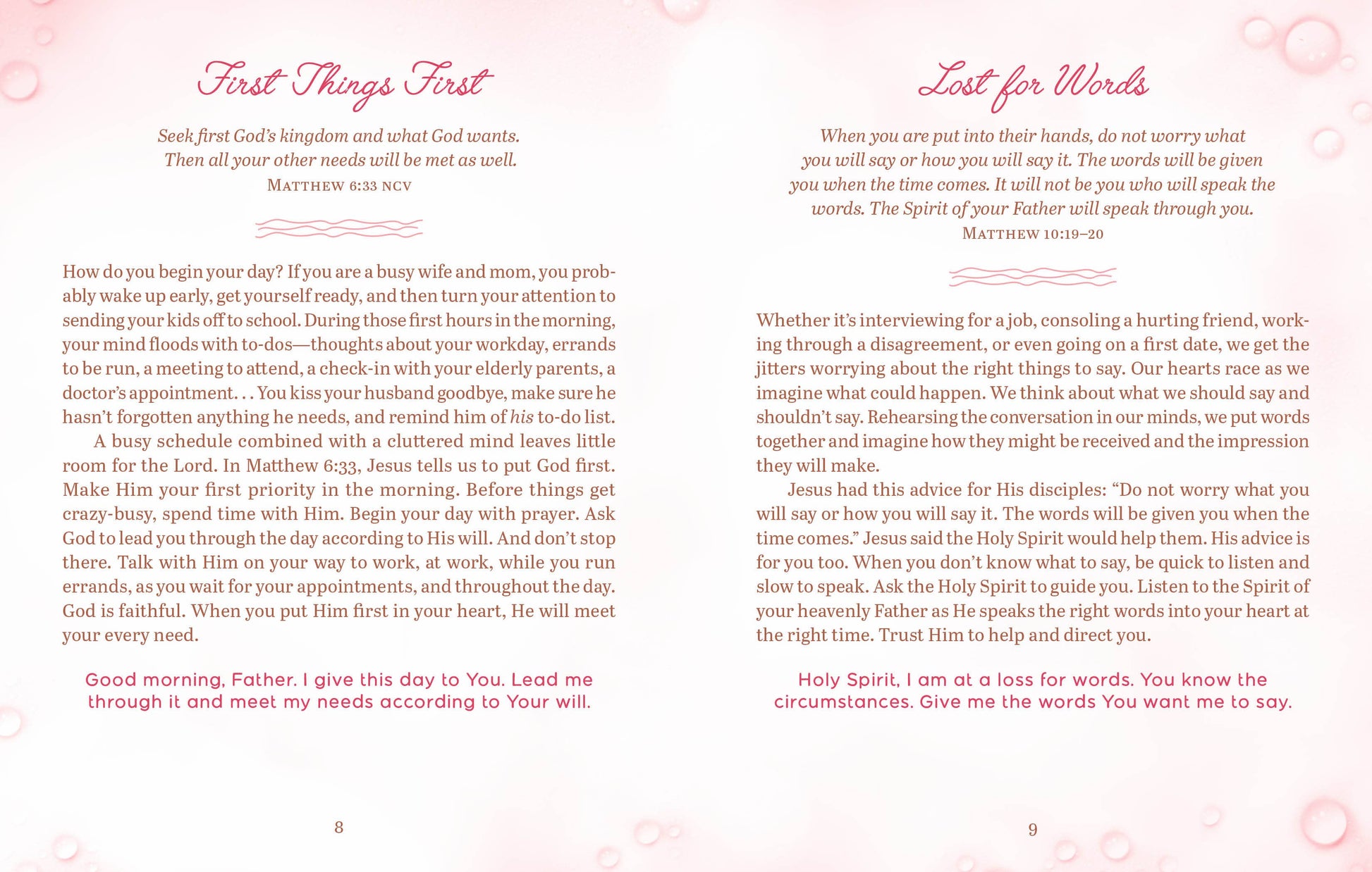 Book interior with prayer and reflection text on a pink background