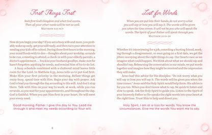 Book interior with prayer and reflection text on a pink background