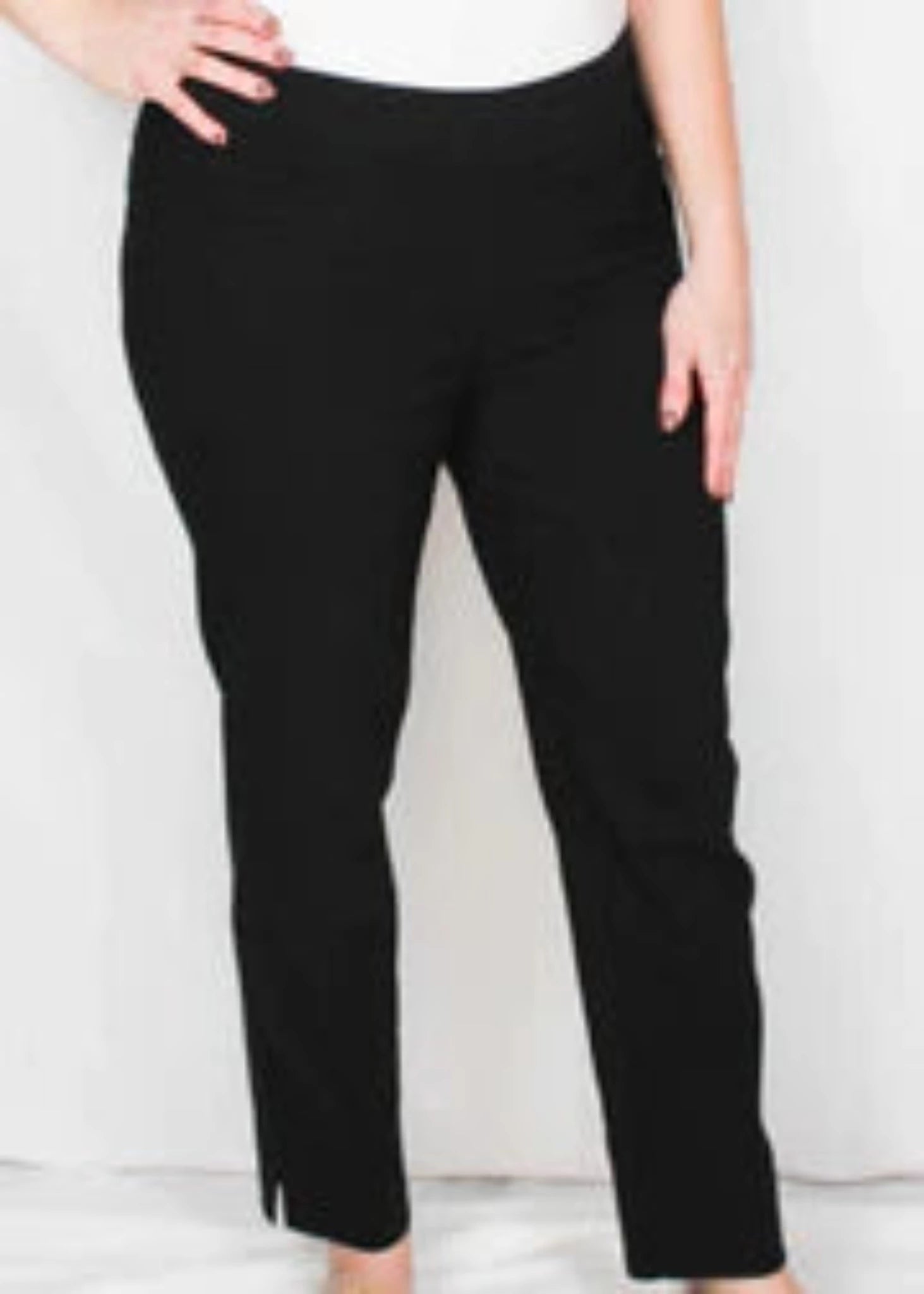 pull on slacks, ankle length, black,rayon, nylon, spandex
