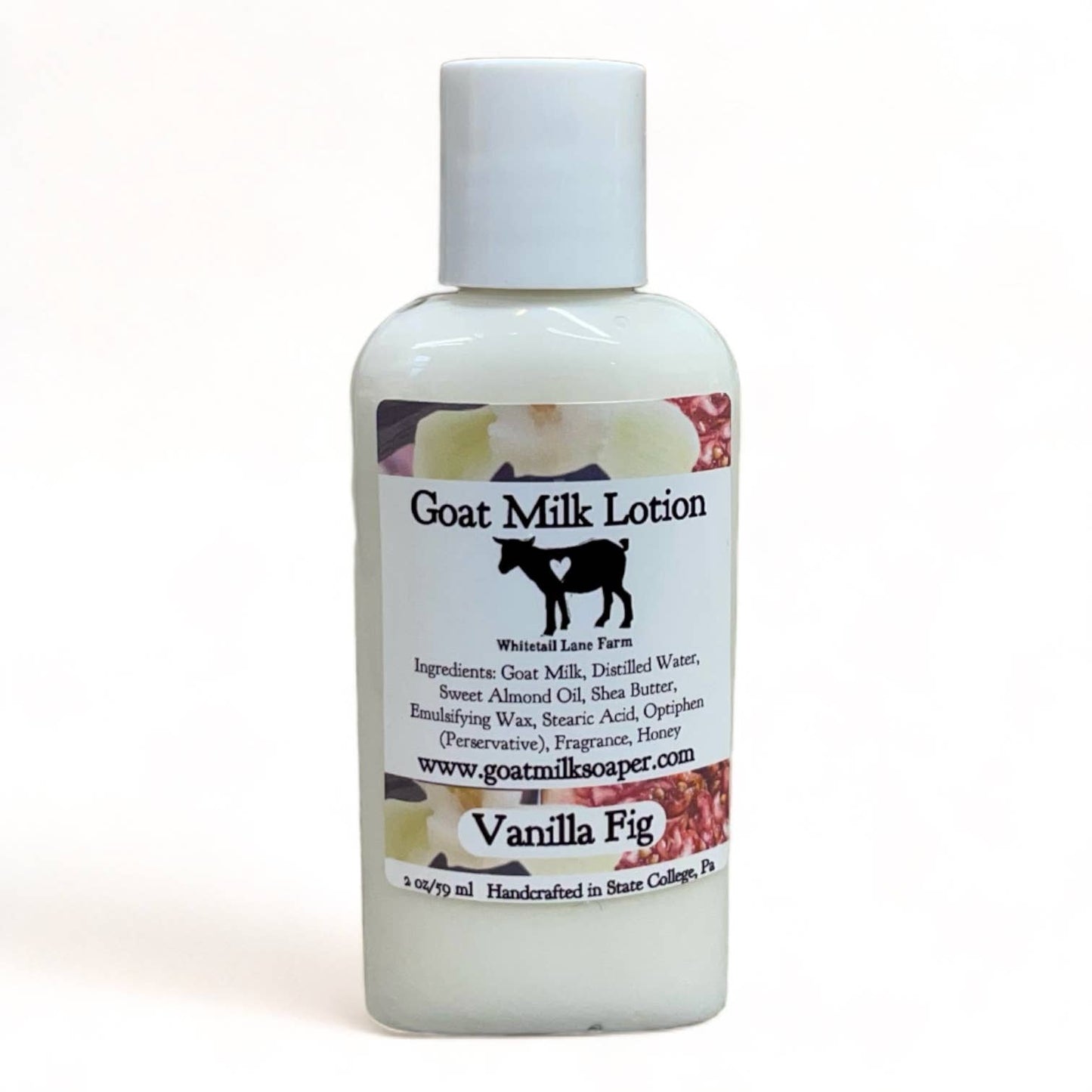 Bottle of Goat Milk Lotion labeled 'Vanilla Fig' on a white background