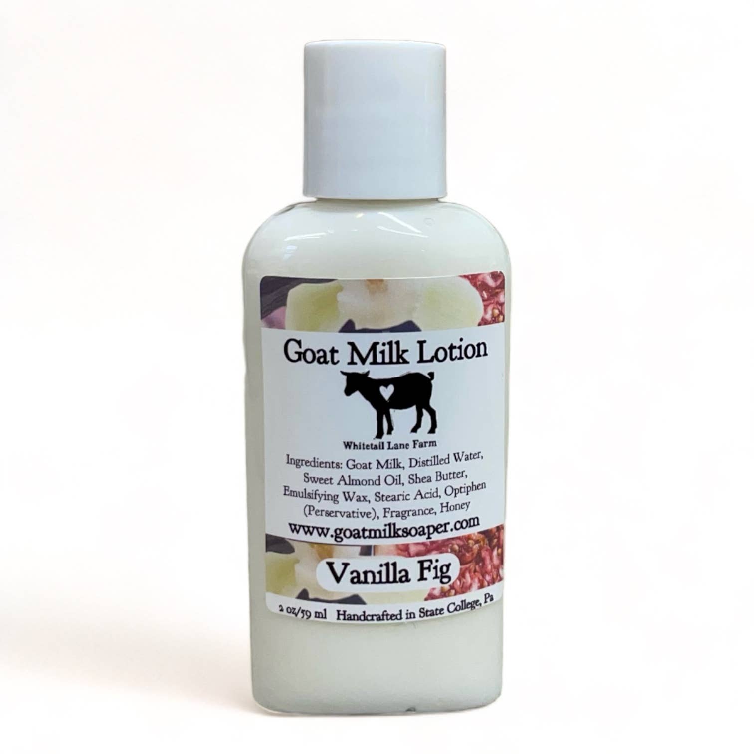 Bottle of Goat Milk Lotion labeled 'Vanilla Fig' on a white background