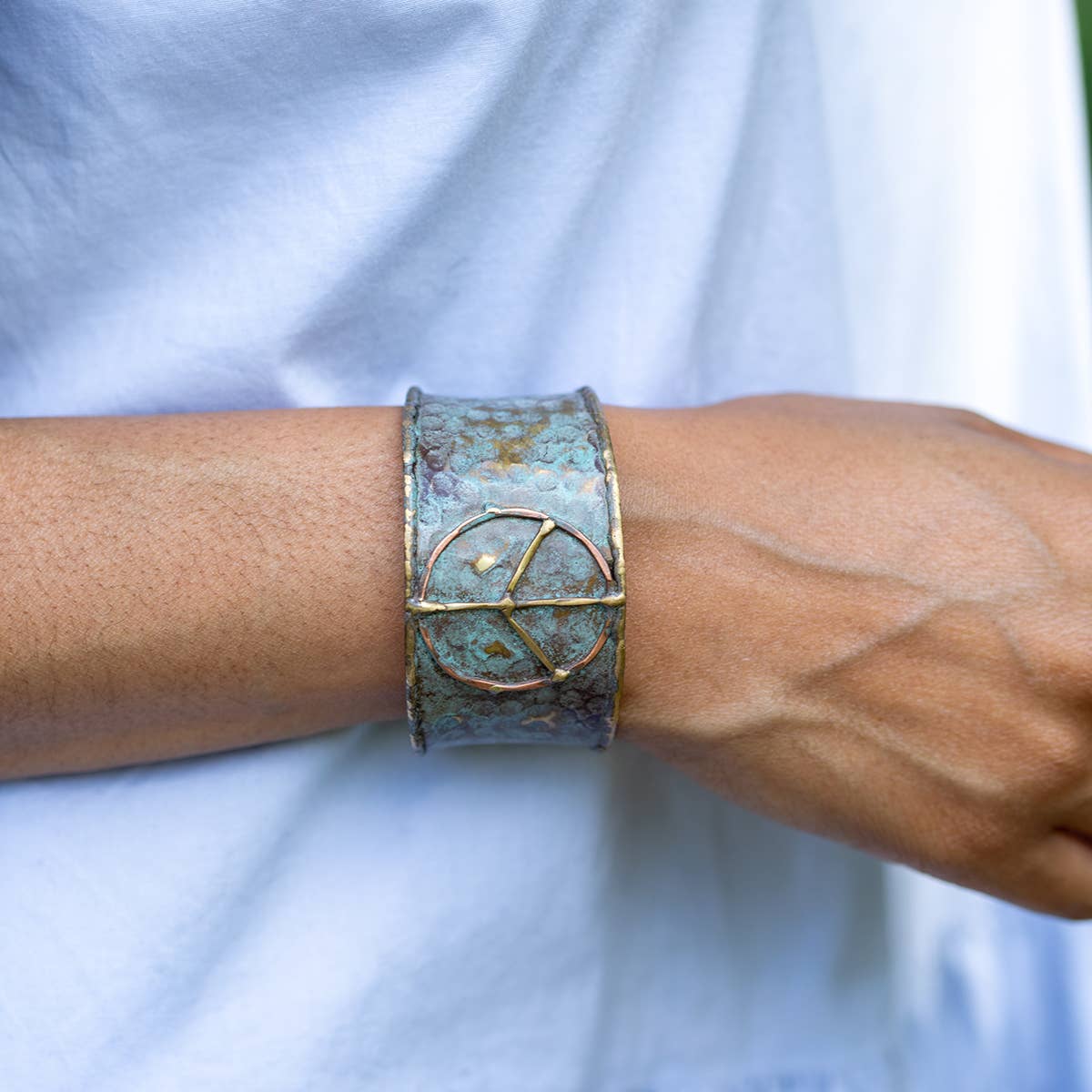 Brass Patina Cuff Bracelet - Rustic Blue Peace Sign - With Purpose Boutique
