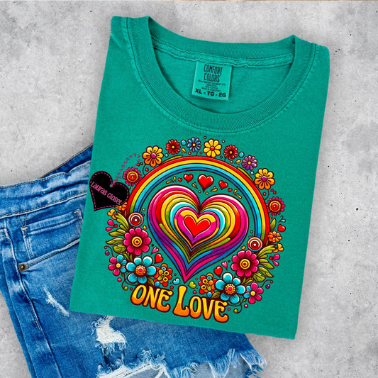 bright colors, One Love, hippy style, short sleeve tee shirt