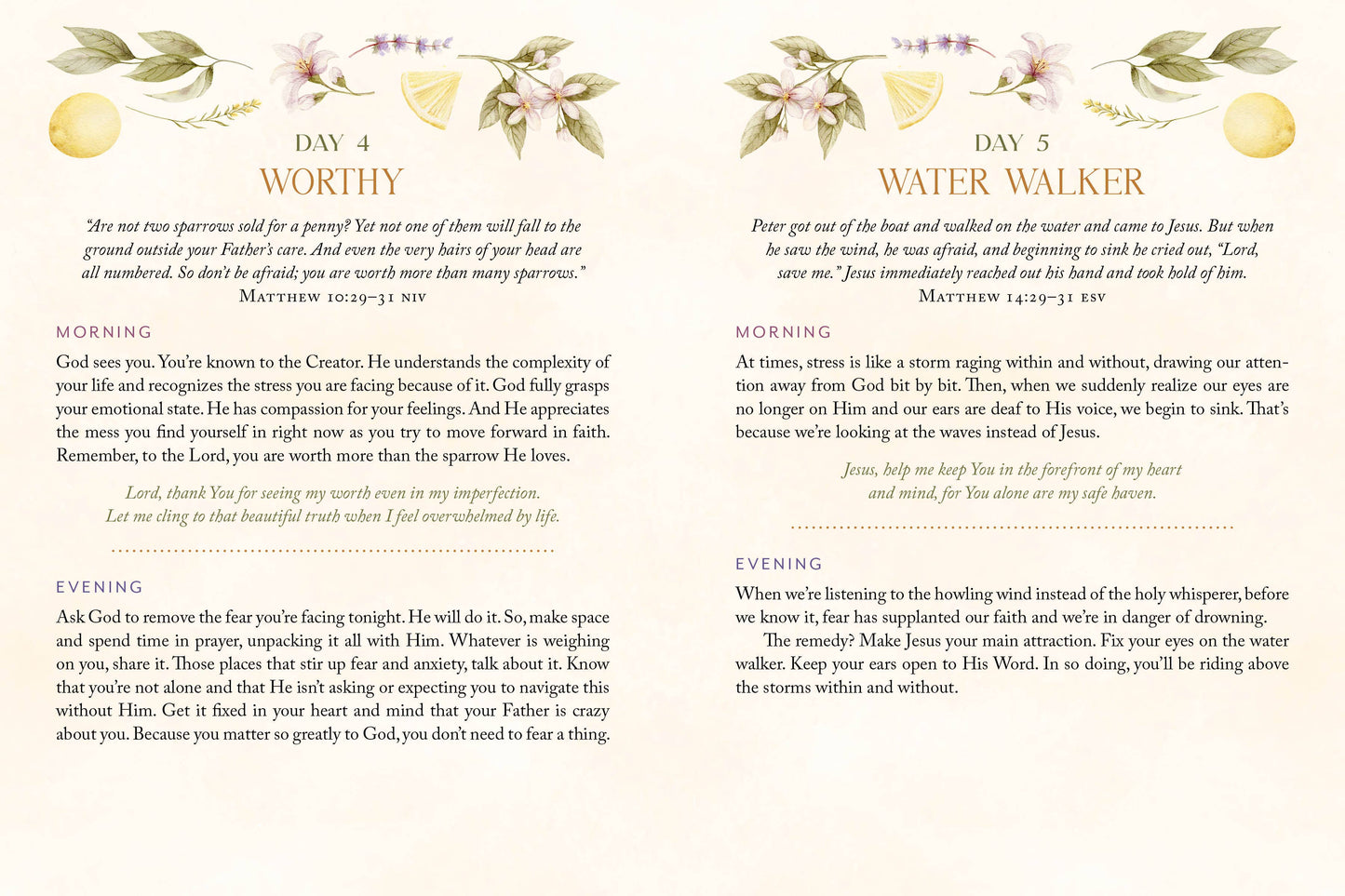 Two pages from a devotional book with text and decorative elements on a white background.