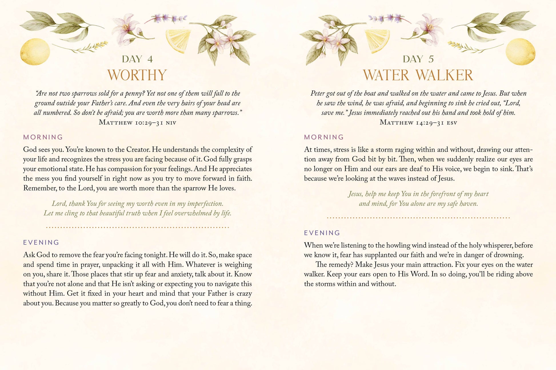Two pages from a devotional book with text and decorative elements on a white background.