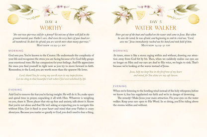 Two pages from a devotional book with text and decorative elements on a white background.