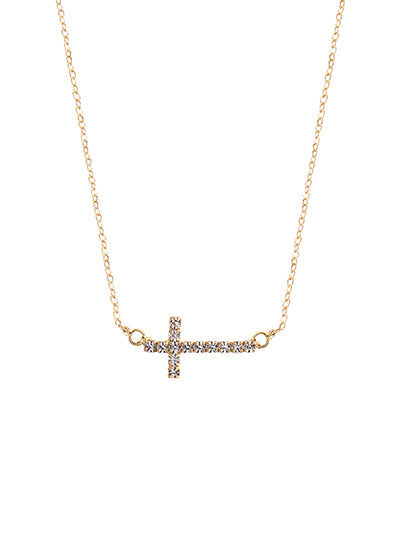Gold necklace with a small cross pendant on a white background