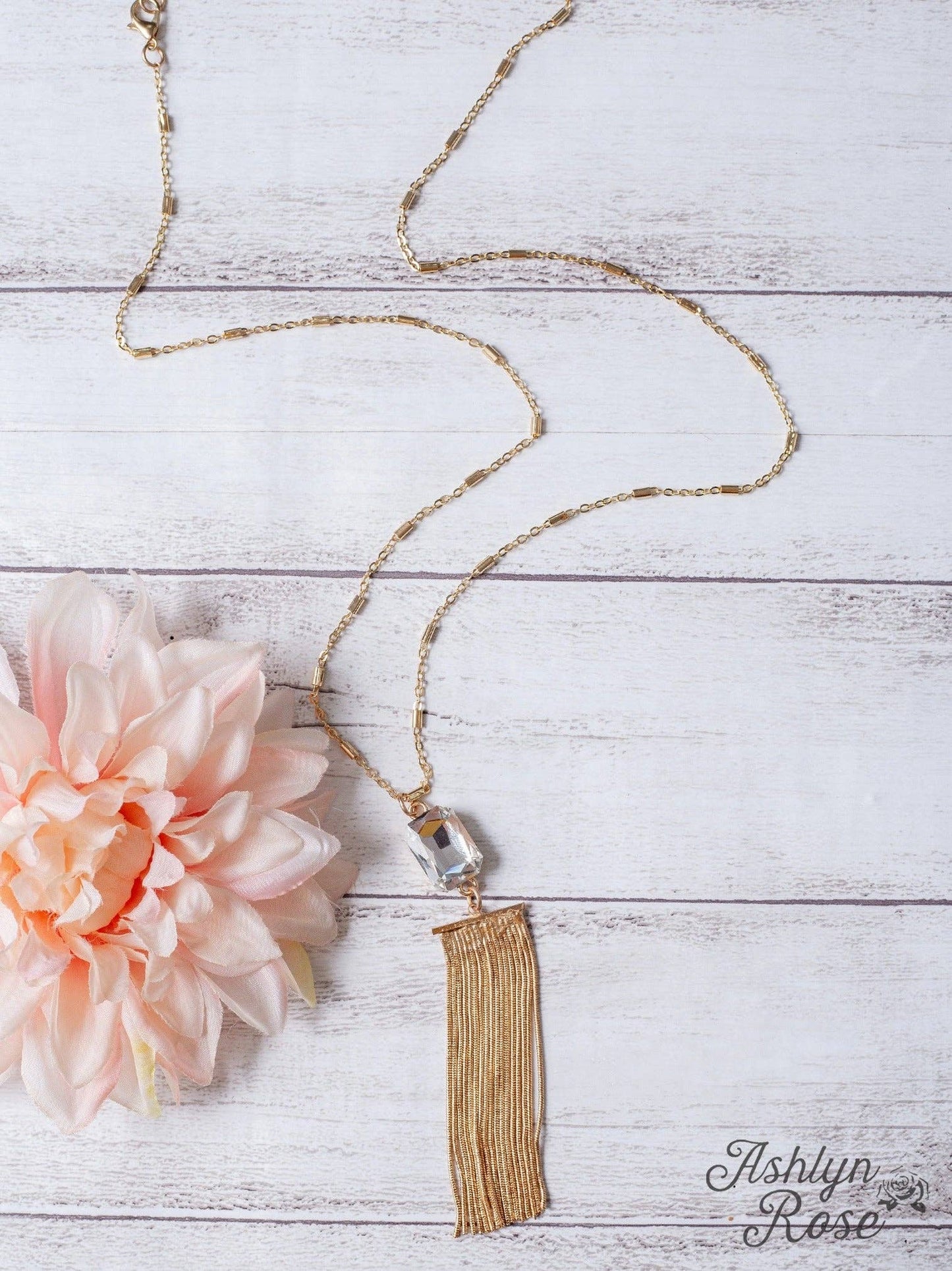 CATCH THE LIGHT SQUARE CRYSTAL GOLD FRINGE PENDANT ON A GOLD CHAIN NECKLACE - With Purpose Boutique