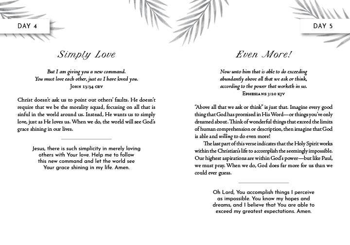 Two pages from a devotional book with text and decorative elements.