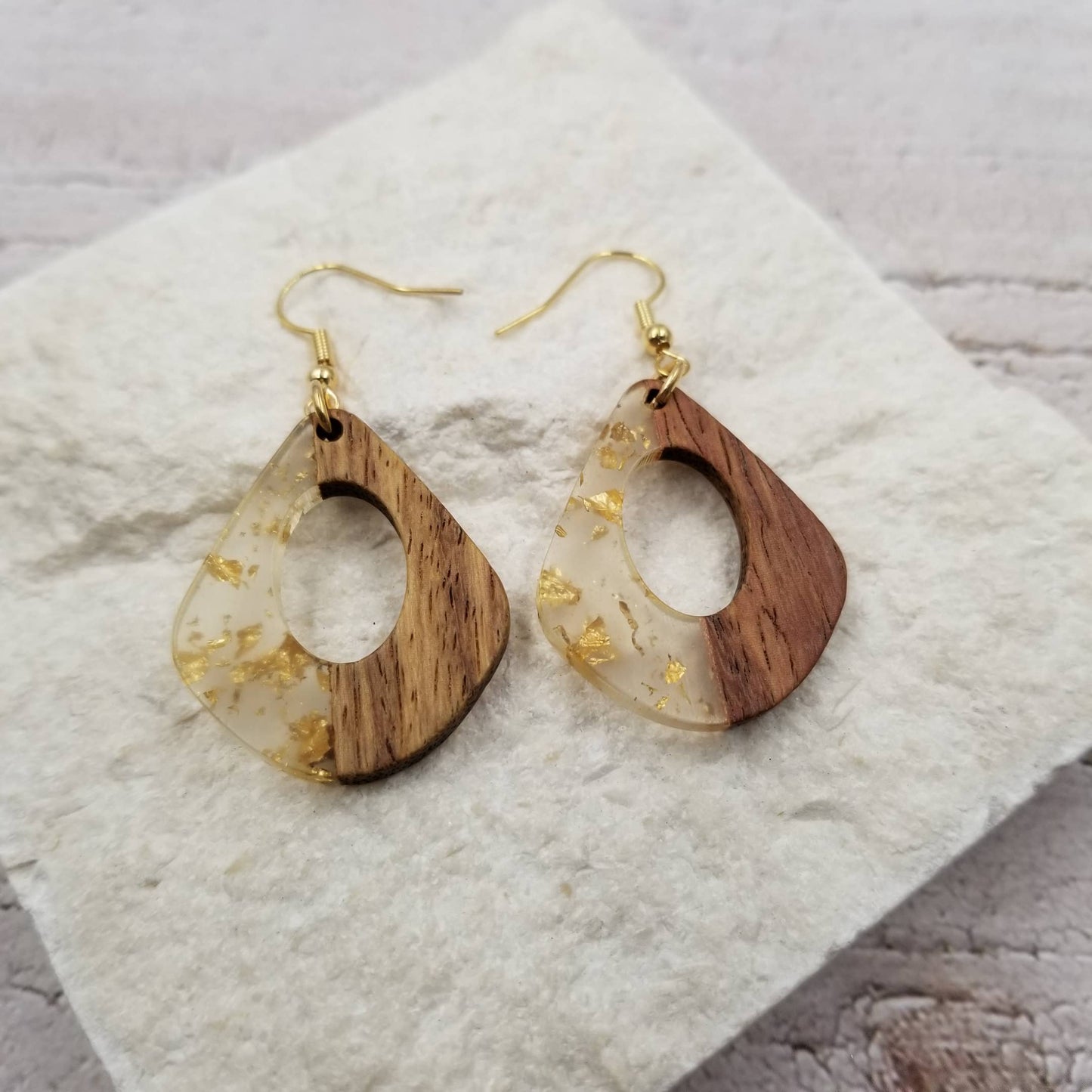 Boho Gold Flake Acrylic Wood Drop Earrings