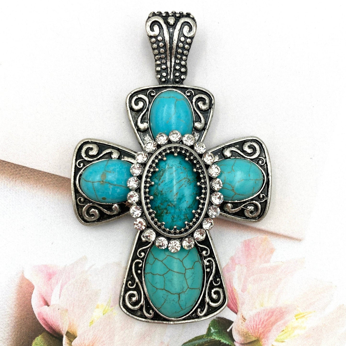 Turquoise Stone Jeweled Rhinestone Cross Magnetic Pendant - With Purpose Boutique