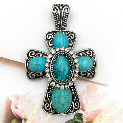Turquoise Stone Jeweled Rhinestone Cross Magnetic Pendant - With Purpose Boutique