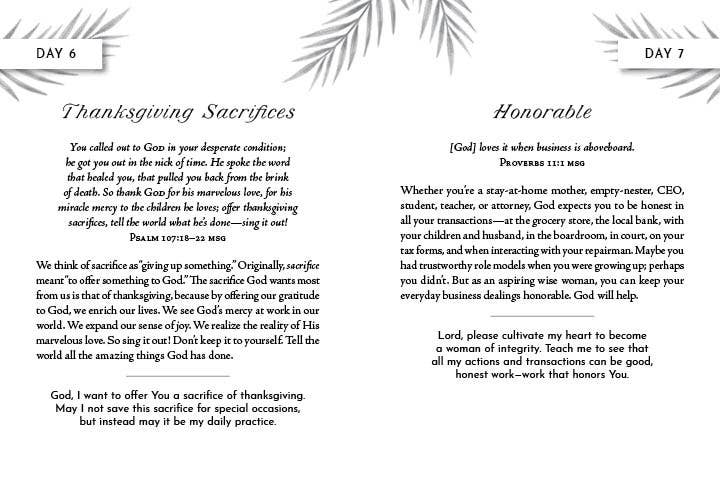 Two pages from a devotional book with text and decorative elements on a white background.