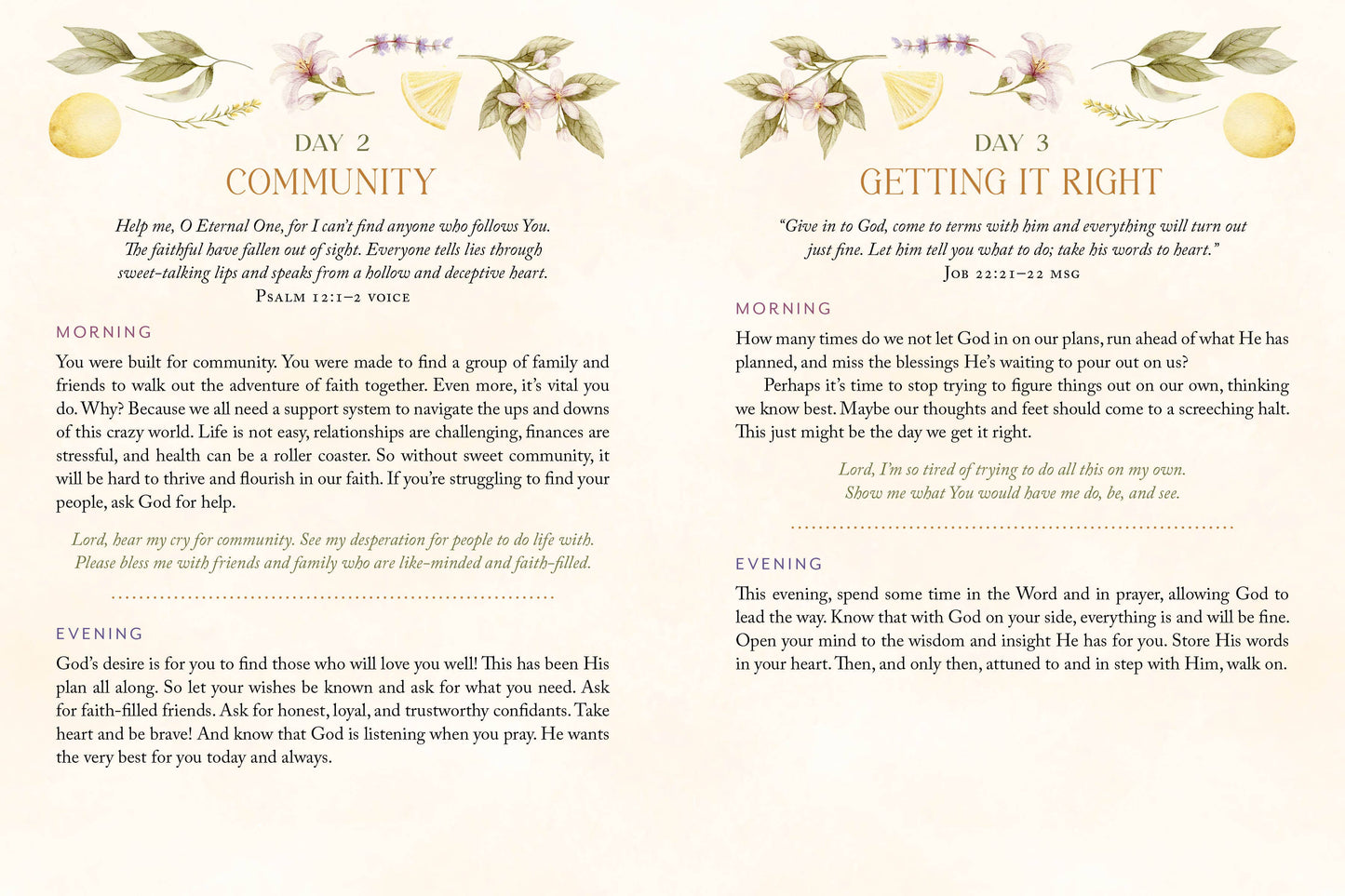 Pages from a devotional book with prayer prompts and illustrations on a white background