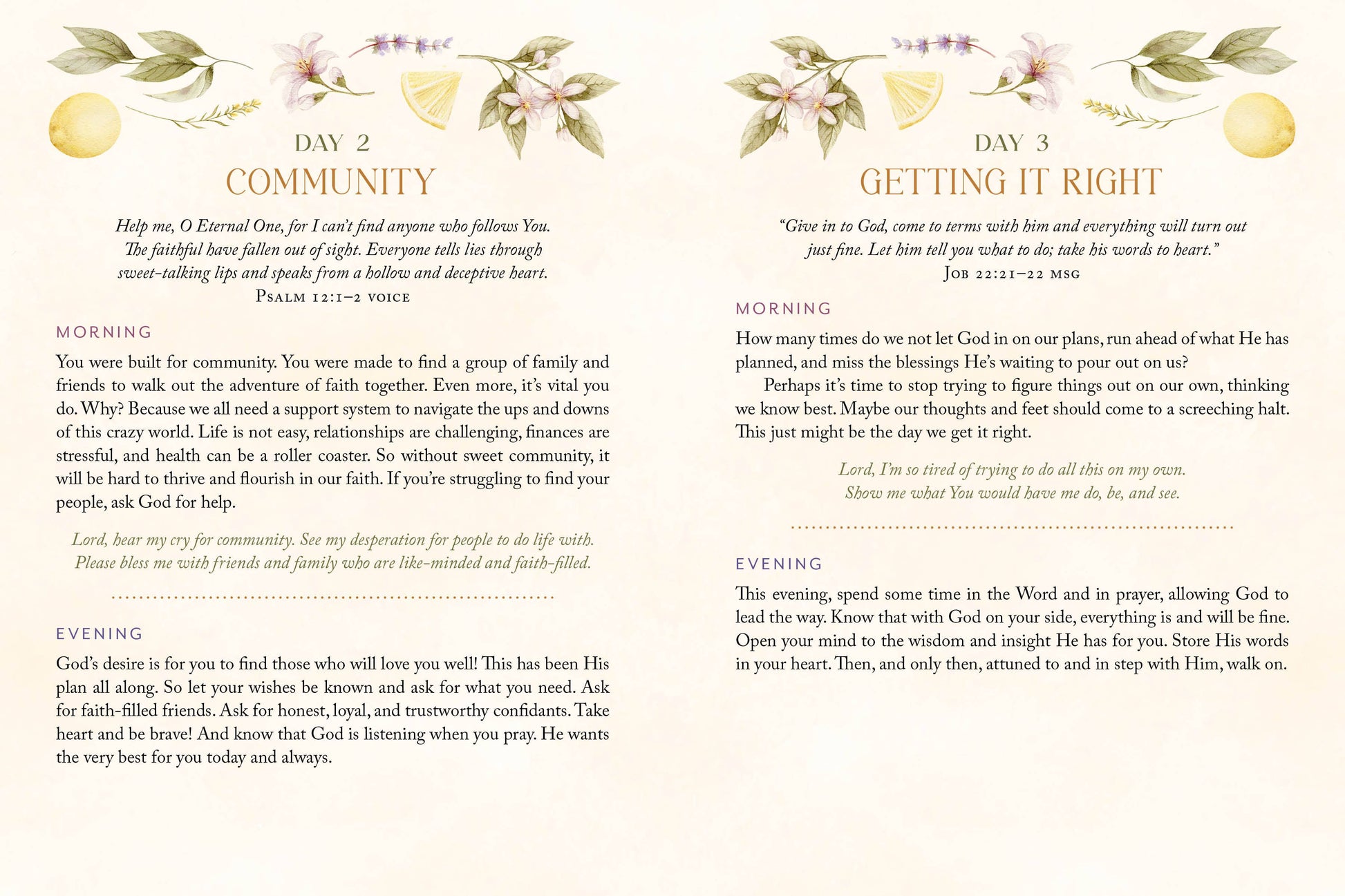 Pages from a devotional book with prayer prompts and illustrations on a white background