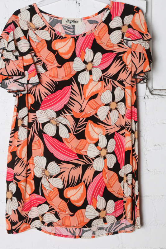 h beautiful shades of peach, coral, and orange, accented with black, this one is great for all the things!&nbsp; The double flutter sleeve adds a feminine touch, while the breezy fabric keeps you cool and comfortable.

100% Rayon/No Stretch/Fits true to size, if you're in between sizes we suggest sizing up for the best fit!&nbsp;