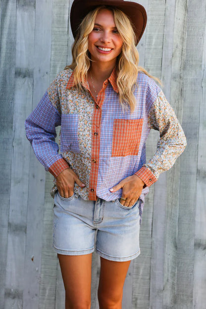 Show your whimsical side with the Plaid Floral Patchwork Top, featuring lightweight fabric and contrasting floral and plaid patterns. This trendy button-up is perfect to wear on its own or layer for added style and comfort. Elevate your wardrobe with a playful piece that blends charm and versatility effortlessly.

fits slightly relaxed; 65% Cotton 35% Polyester