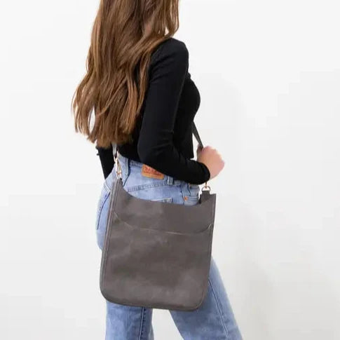 large grey open handbag