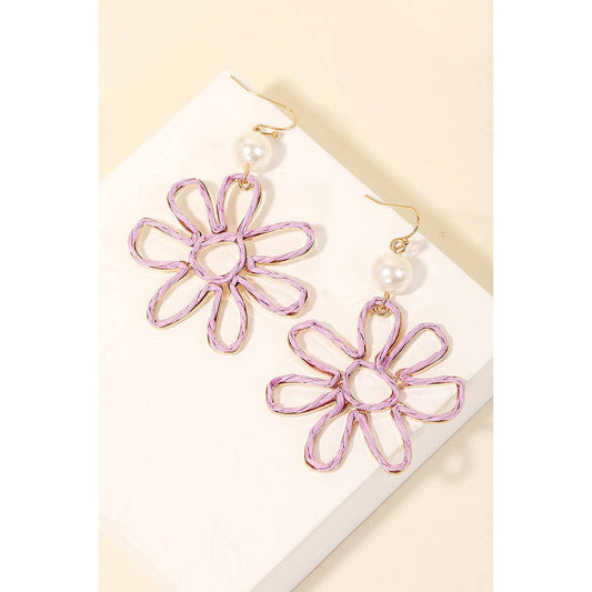 Paper Flower And Pearl Bead Dangle Earrings