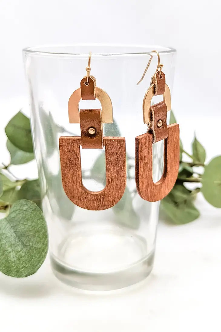 Wooden, metal, and leather earrings
